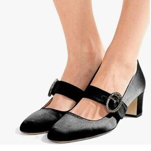 XYD Black Vintage Retro Mary Jane Pumps Satin Closed Round Toe Single Strap Shoe